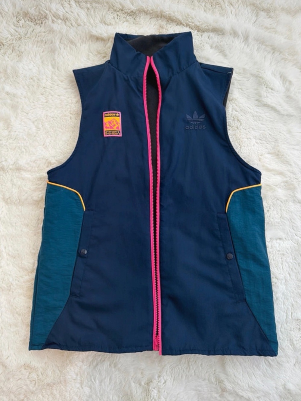 adidas men’s Navy Vest with Teal Panels and Pink Zip